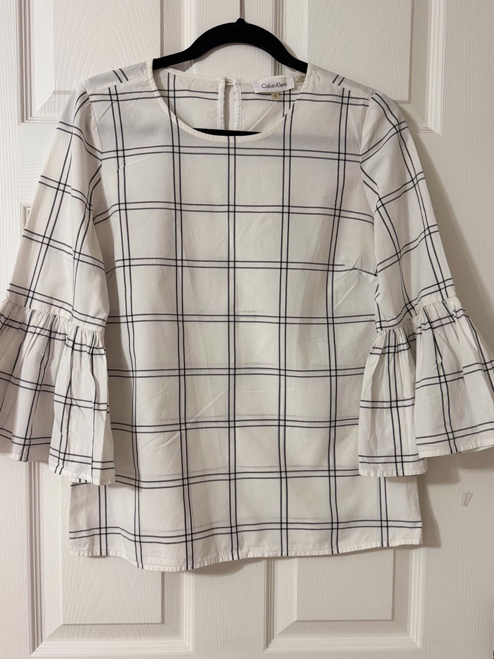 Calvin Klein White Windowpane Bell Sleeve Blouse 100% Cotton